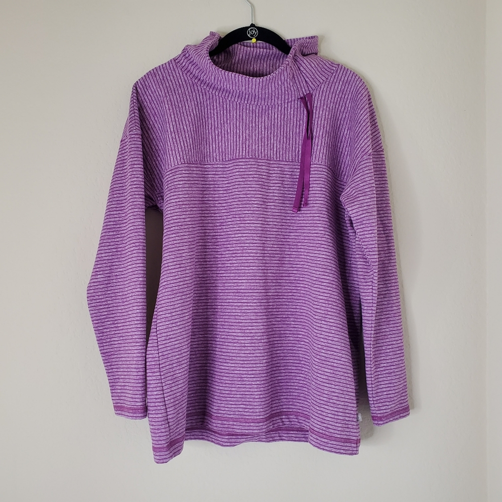 T by Talbots Womens Pullover Mock Neck Top Purple Striped Sz M Cozy